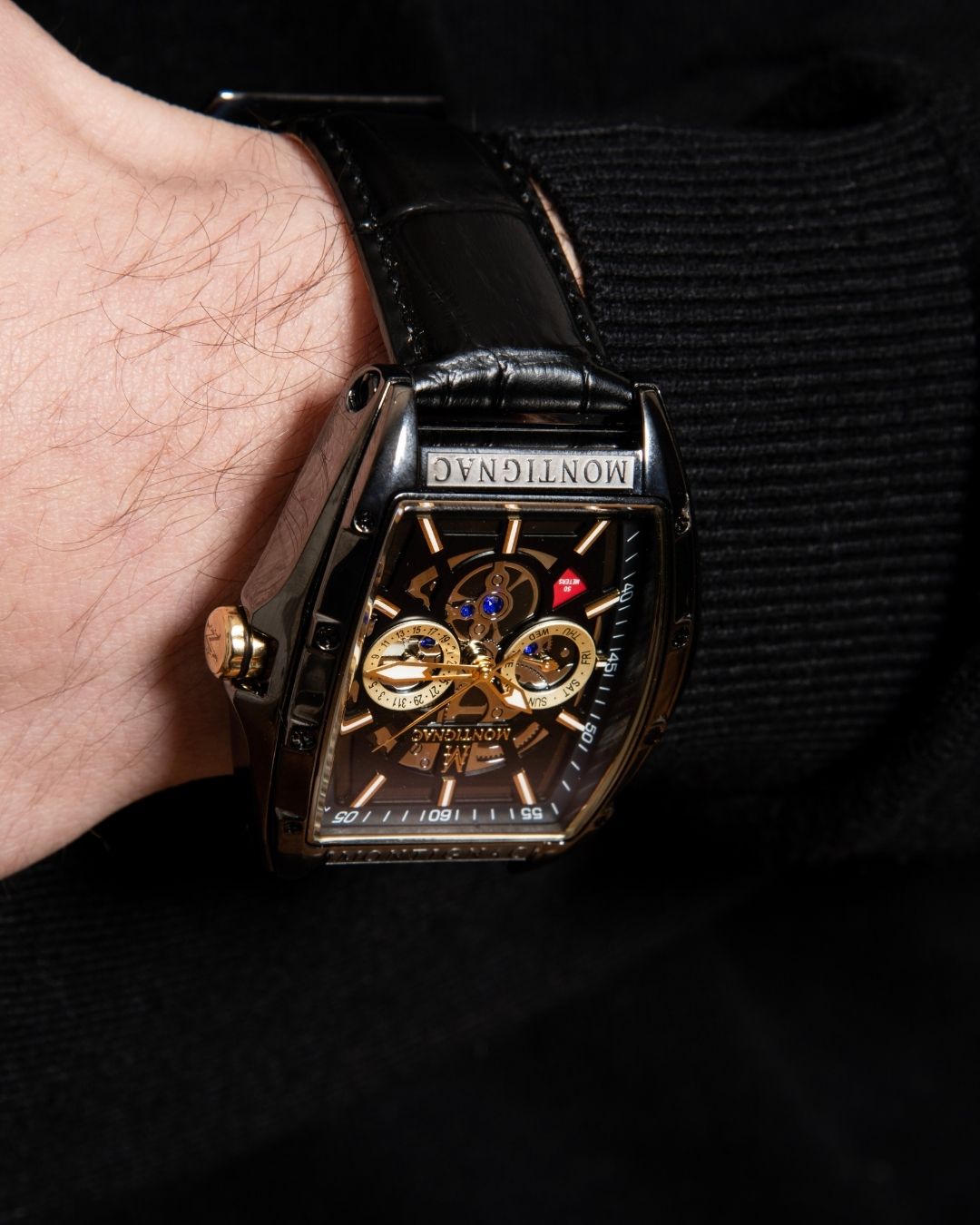 MONTIGNAC Montre MONTIGNAC Homme Multifonction en Cuir Noir MOW702