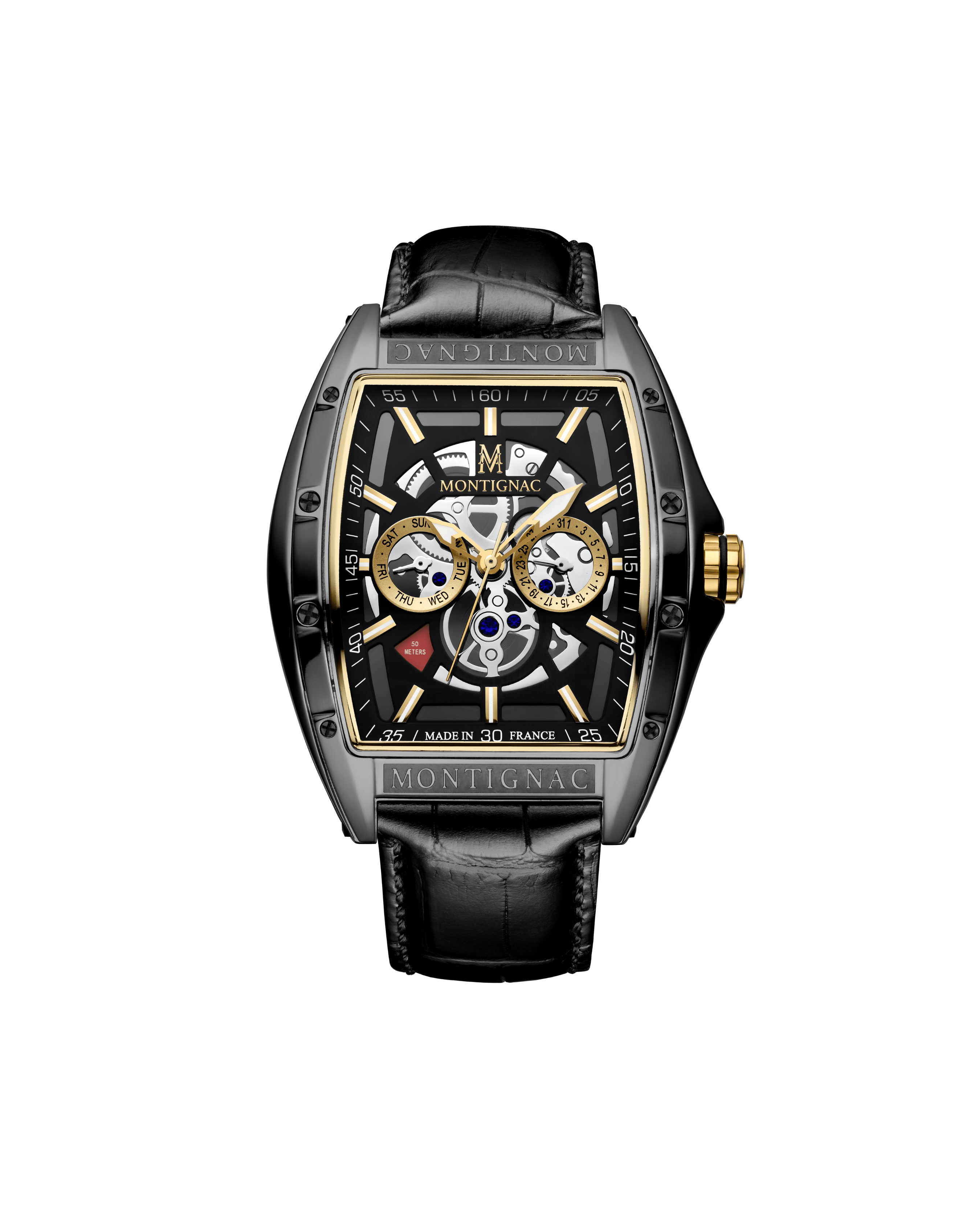 MONTIGNAC Montre MONTIGNAC Homme Multifonction en Cuir Noir MOW702