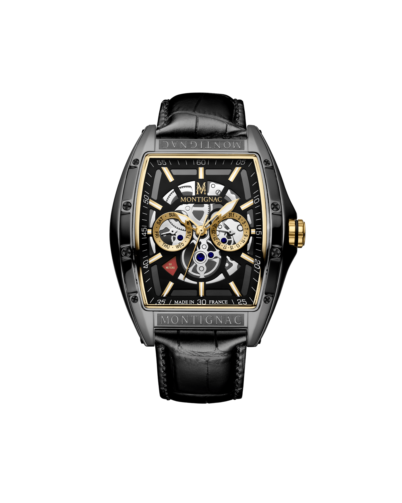 MONTIGNAC Montre MONTIGNAC Homme Multifonction en Cuir Noir MOW702