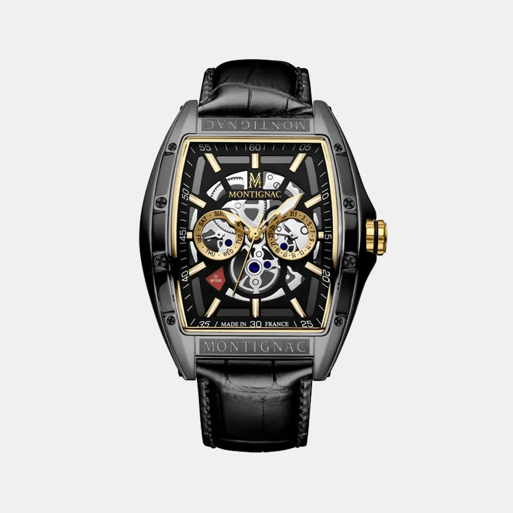 MONTIGNAC Montre MONTIGNAC Homme Multifonction en Cuir Noir MOW702
